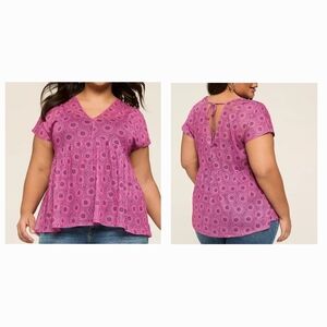 Lane Bryant Pink Geo Print Babydoll Mesh Cap Sleeve V-Neck Top Sz 26/28 NEW